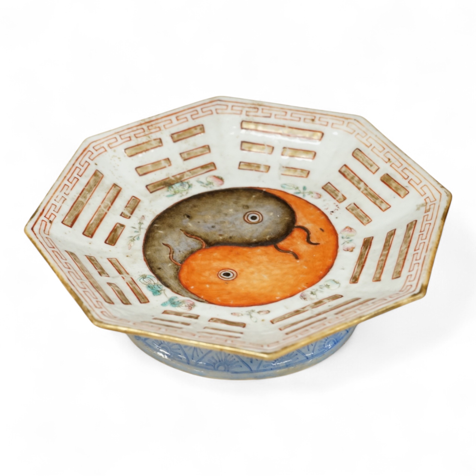 A Chinese ‘Yin-Yang and eight trigrams’ octagonal footed dish, Tongzhi (1862-74) mark and of the period, 18cm wide with accompanying notes on the dish